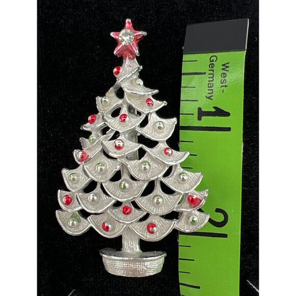 Vintage Christmas Tree Pin Brooch With Rhinestones & Red Star - Picture 4 of 4